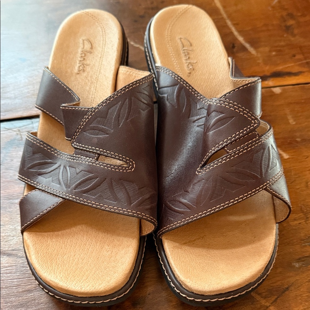 Clarks Dark Brown Embossed Leather Slides